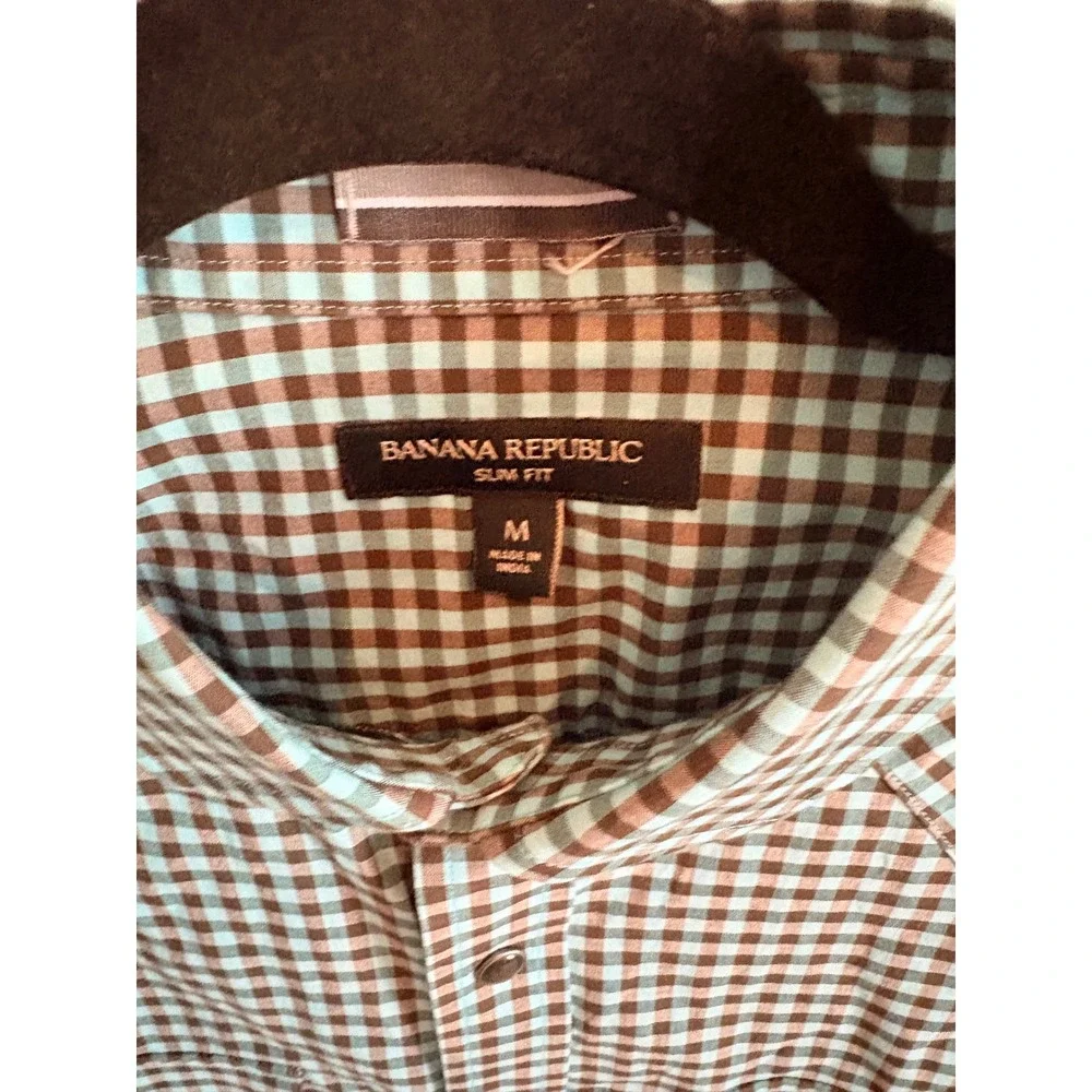 Banana Republic Slim Fit Western Gingham Check‎ Shirt Blue Brown Snap Front M
